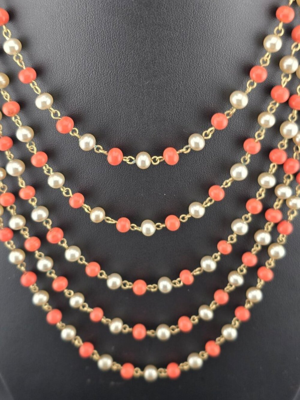 Faux Coral and Pearl Beads Necklace Gold Tone Multi-Strand 16" Adjustable Length - Picture 2 of 8